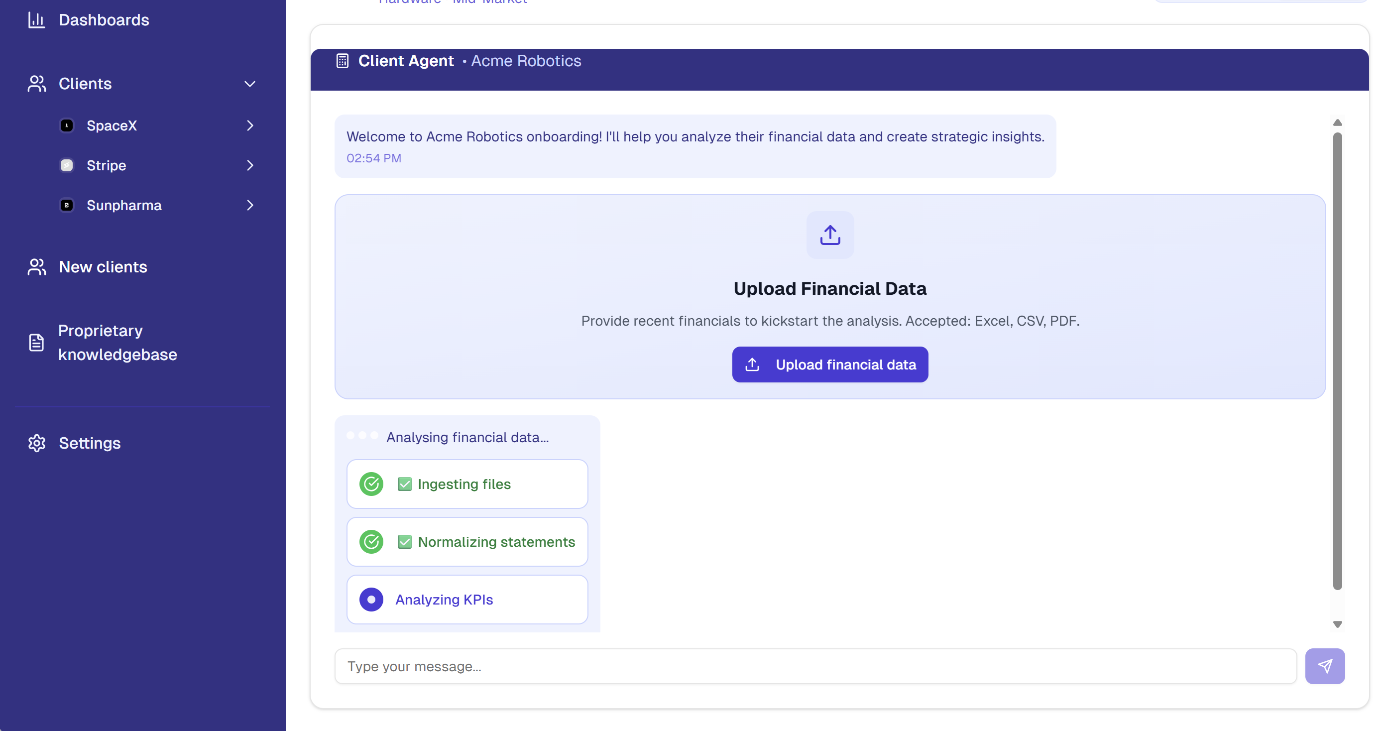 Valzo Client Onboarding Dashboard showing AI-powered financial data analysis workflow with client agent for Acme Robotics, including file ingestion, statement normalization, and KPI analysis