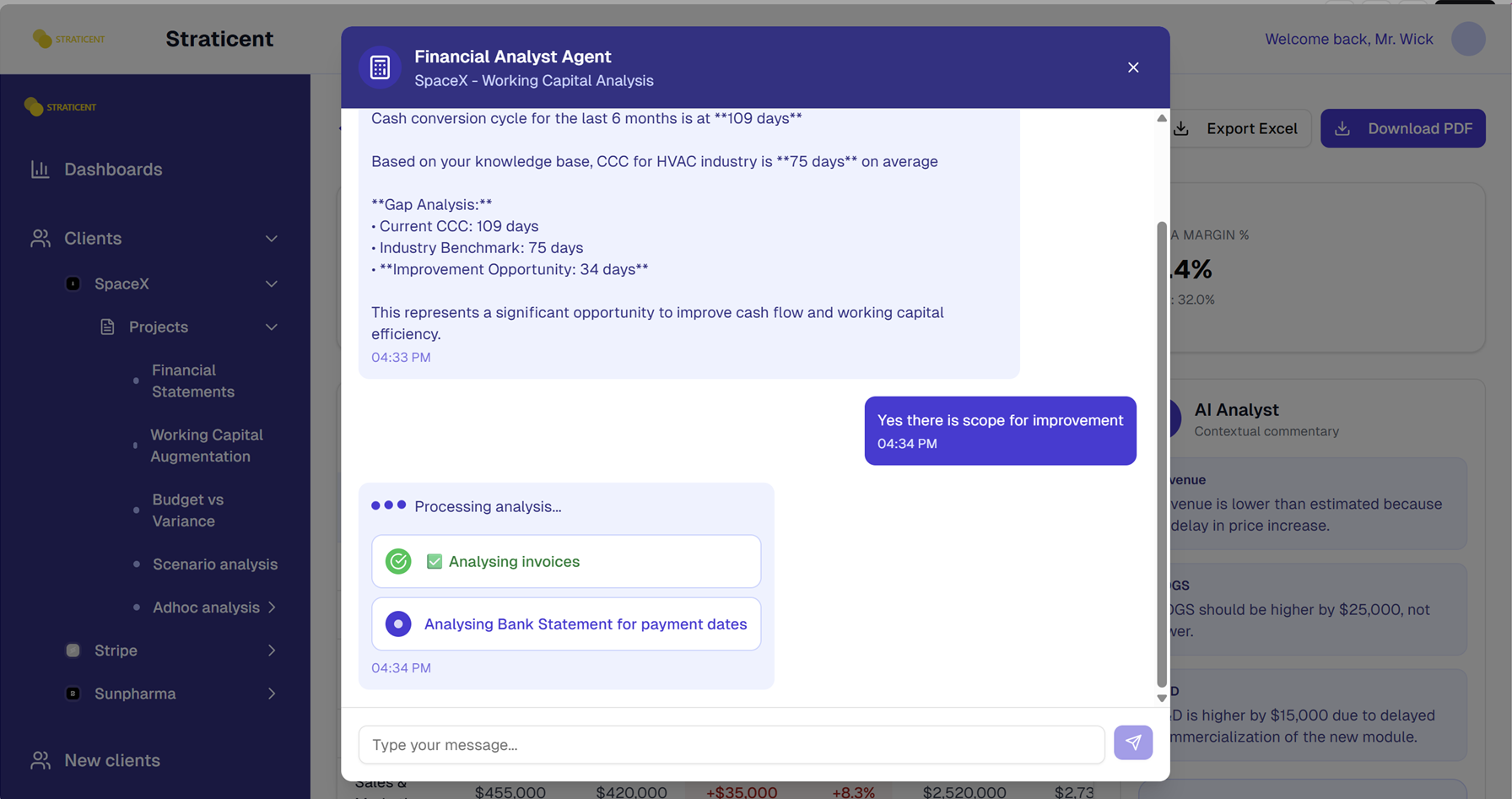 Valzo Financial Analyst Agent showing proactive working capital analysis for SpaceX with AI-powered insights on cash conversion cycle optimization and strategic recommendations