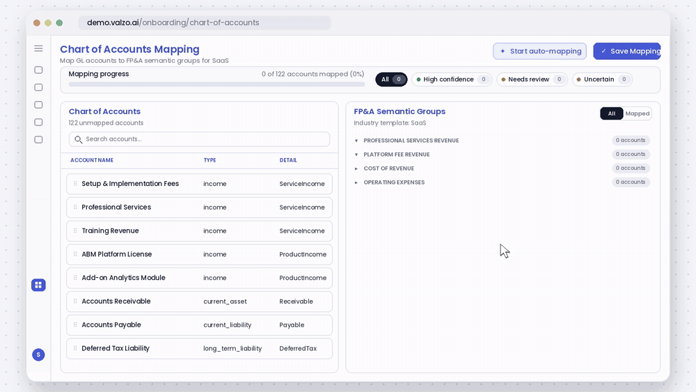 Animated Valzo Chart of Accounts Mapping screen auto-mapping GL accounts to FP&A semantic groups for a SaaS company